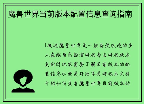 魔兽世界当前版本配置信息查询指南